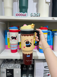 BOT398 | 1000ml Stainless Cup - brown lucky cat