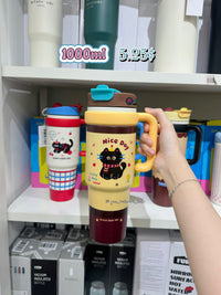 BOT401 | 1000ml Stainless Cup - Brown Cat Nice Day